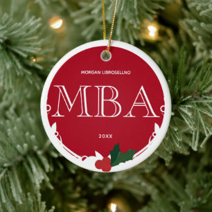 Holly Berry Red White MBA Studenten Namn år Julgransprydnad Keramik