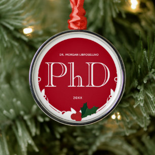 Holly Berry Red White PhD Studenten Julgransprydnad Metall