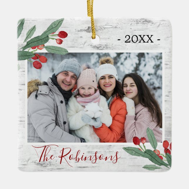 Holly Berry Rustic Birch PHOTO White Bark Julgransprydnad Keramik (Framsida)