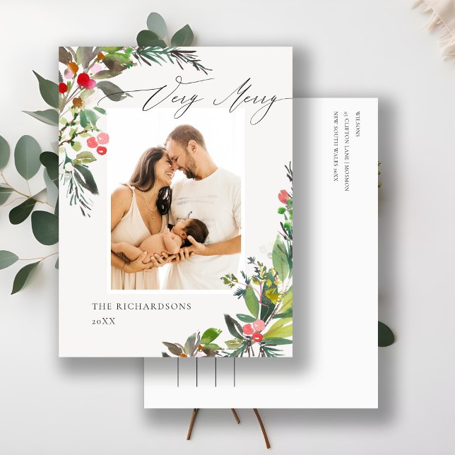 Holly Berry Tall Julen mycket glad jul fotoframstä Vykort (Skapare uppladdad)