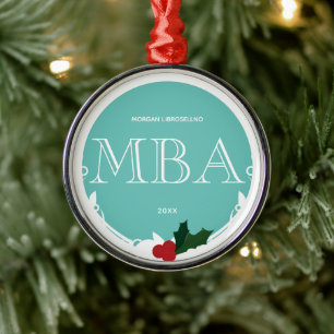 Holly Berry Teal White MBA Studenten Namn år Julgransprydnad Metall