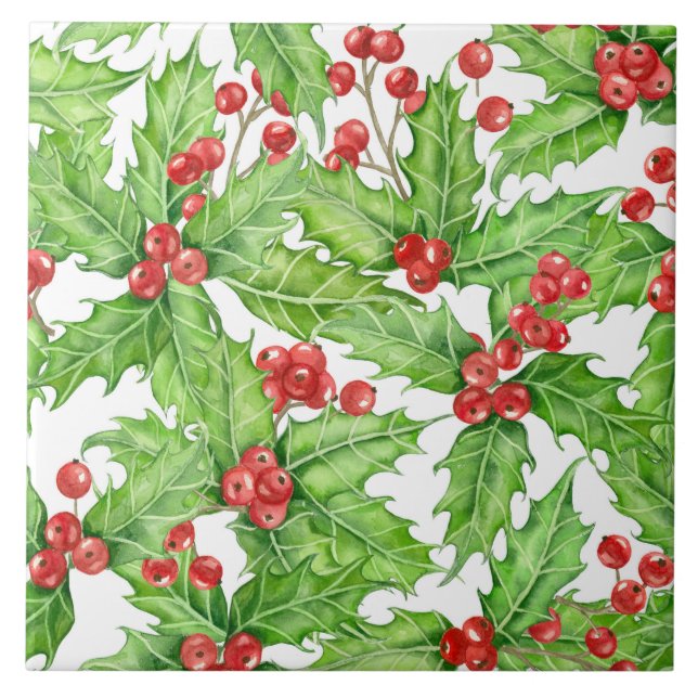 Holly berry, vattenfärg jul mönster kakelplatta (Framsidan)