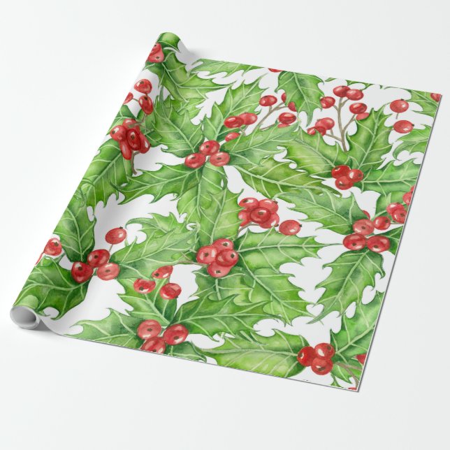 Holly berry, vattenfärg jul mönster presentpapper (Utrullad)