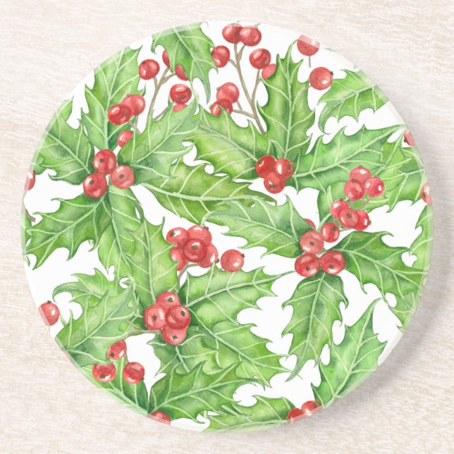 Holly berry, vattenfärg jul mönster underlägg sandsten (Framsidan)