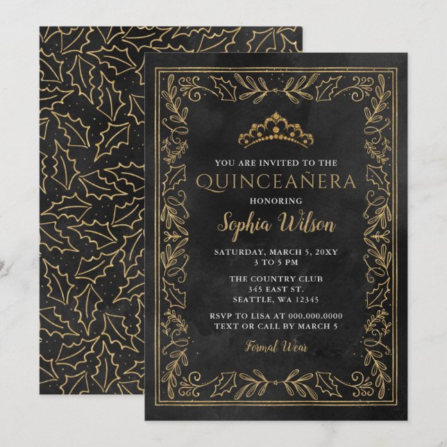 Holly Black Guld Princess Tiara Quinceañera Inbjudningar (Fram/baksida)