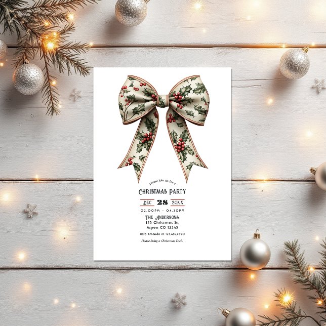 Holly Bow Helgdag jul Party Inbjudningar (Holly Bow Holiday Christmas Party Invitation)