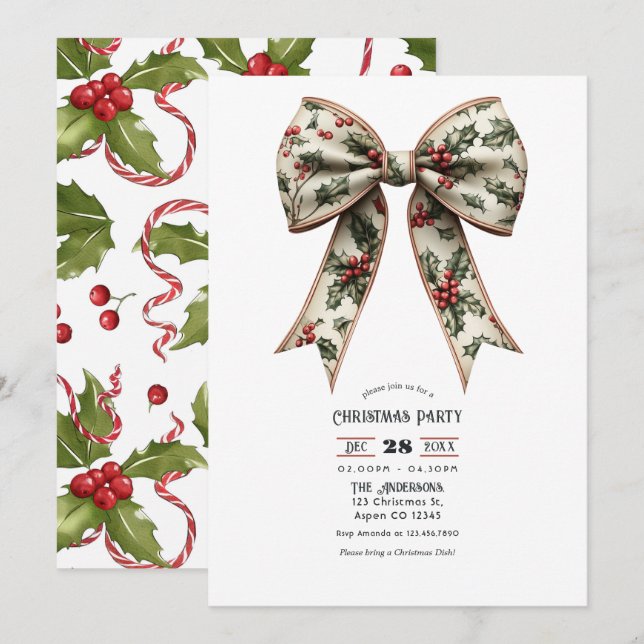 Holly Bow Holiday Julfest Inbjudningar (Fram/baksida)