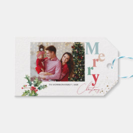 Holly Branches one family photo Christmas Presentetikett