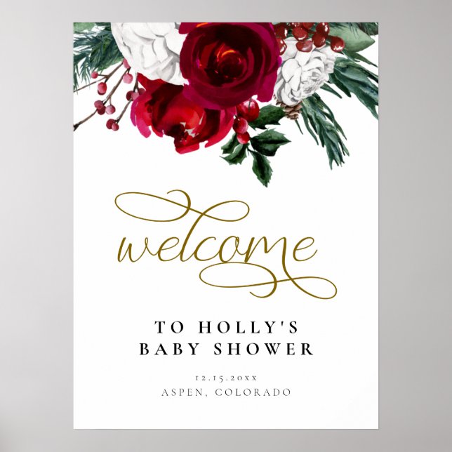 HOLLY Burgunder Röd Blommig Vinter Baby Shower Väl Poster (Framsidan)