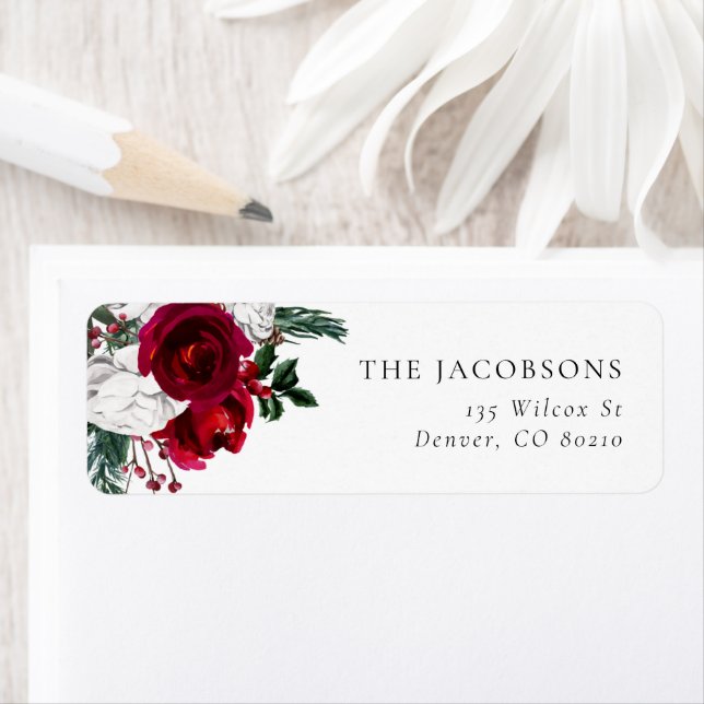 HOLLY Burgundy Blommigt Returadress jul Etikett (Insitu)