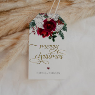 HOLLY Burgundy Guld Blommigt God jul Presentetikett