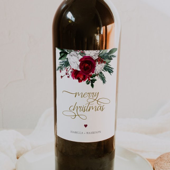 HOLLY Burgundy Guld Blommigt God jul Vinflaska Etikett (Skapare uppladdad)