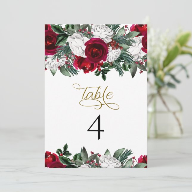 HOLLY Burgundy Winter Blommigt Bordsnummer Cards (Stående Fram)