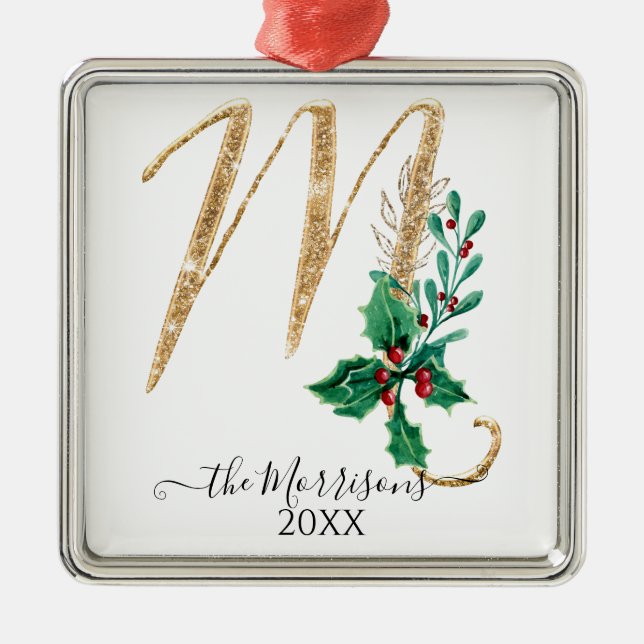 Holly Foliage Monogram M Guld Glitter jul Julgransprydnad Metall (Framsidan)
