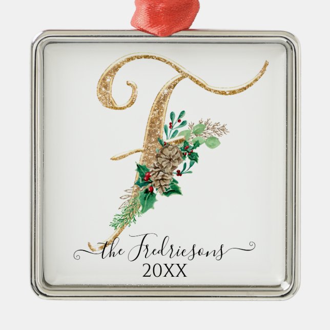 Holly Gräs Cone jul Guld Glitter Monogram F Julgransprydnad Metall (Framsidan)