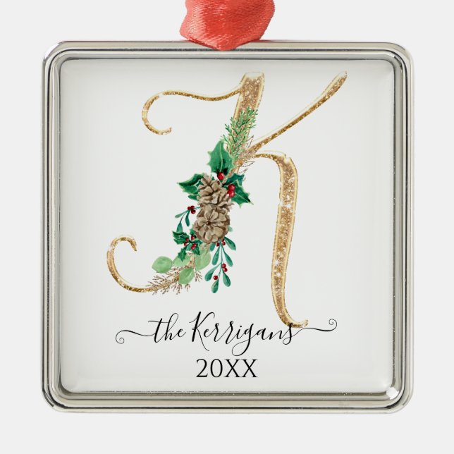 Holly Gräs Cone Monogram K Guld Glitter jul jul Julgransprydnad Metall (Framsidan)