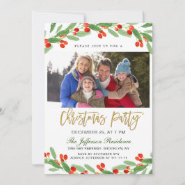 Holly Gren Watercolor Photo jul Party Inbjudningar