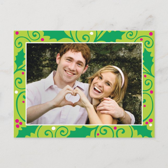 Holly Helgdag Grönt & Rosa Photo Postcard Helg Vykort (Framsida)