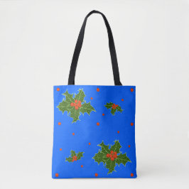 Holly (Ilex) Christmas Motif on Festive Blue  Tygkasse