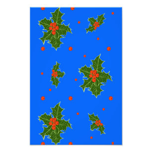 Holly (Ilex) jul Motif på blå bakgrund Fototryck
