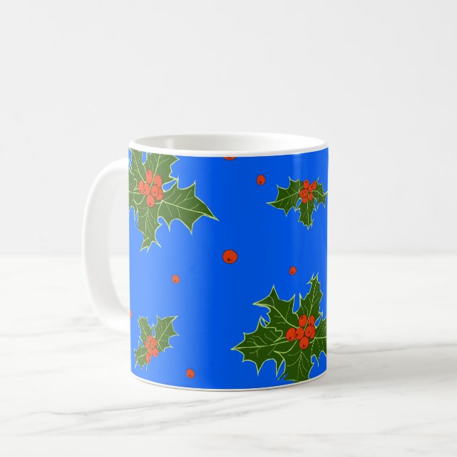 Holly (Ilex) jul Motif på blå bakgrund Kaffemugg (Framsida vänster)