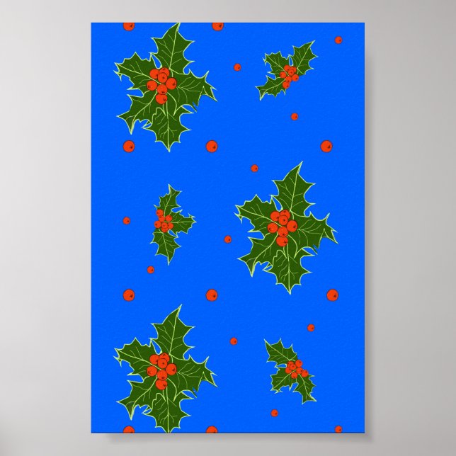 Holly (Ilex) jul Motif på blå bakgrund Poster (Framsidan)