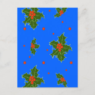 Holly (Ilex) jul Motif på blå bakgrund Vykort