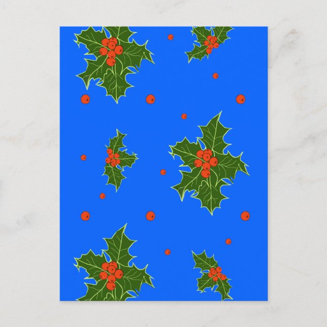 Holly (Ilex) jul Motif på blå bakgrund Vykort (Framsida)