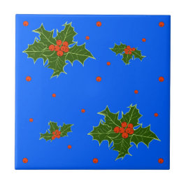 Holly (Ilex) Julmotif om Festive Blue Kakelplatta