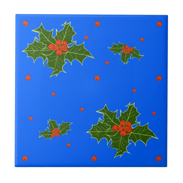 Holly (Ilex) Julmotif om Festive Blue Kakelplatta (Framsidan)