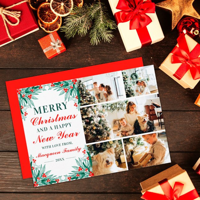 Holly Ivy Löv Family Photo Collage jul Julkort (Skapare uppladdad)