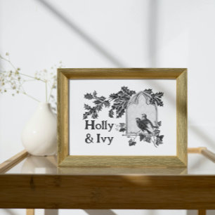 Holly & Ivy vintage christmas-fåglar svart och vit Poster