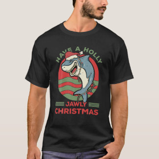 Holly Jawly Christmas Santa Hat Shark Retro Sunset T Shirt