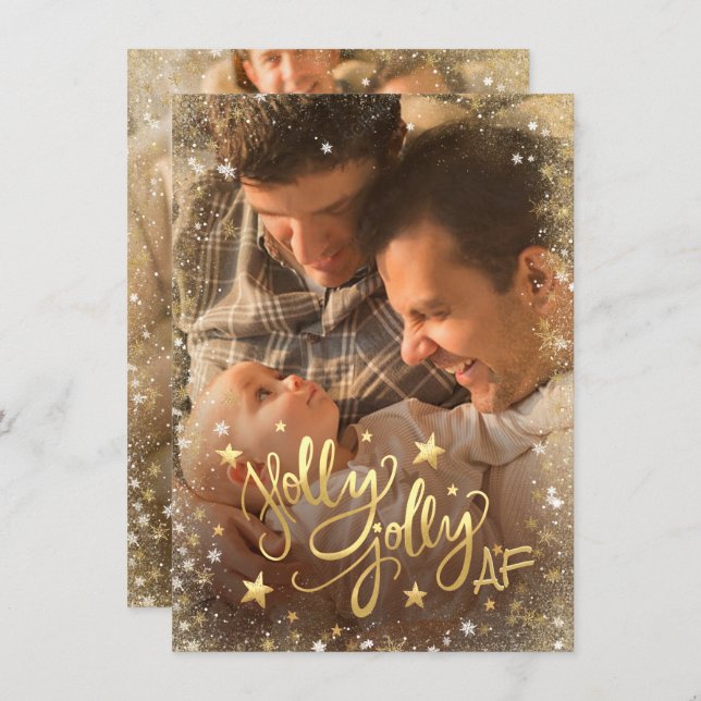 Holly Jolly AF | Shiny Faux Foil Guld 2 Photo Julkort (Fram/baksida)