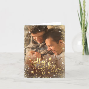 Holly Jolly AF Shiny Faux Gold Foil Photo Helgkort