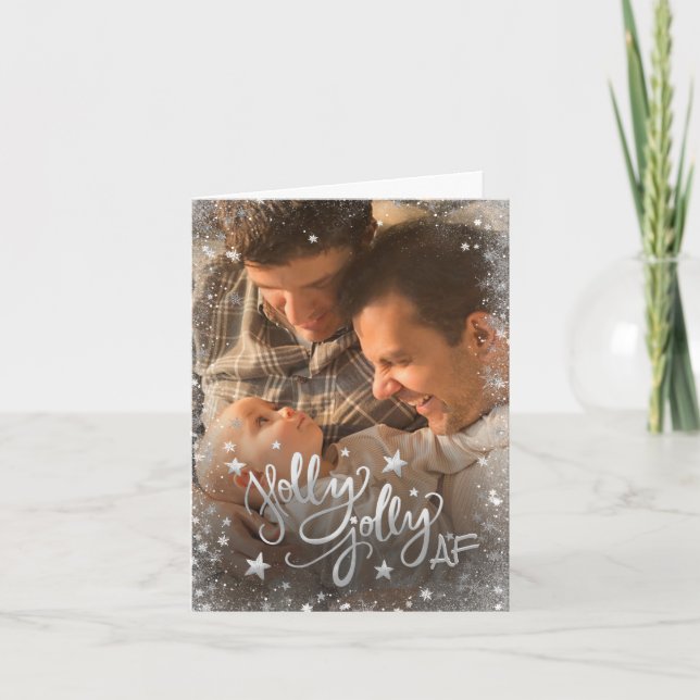 Holly Jolly AF | Shiny Silver Faux Foil Photo Helgkort (Framsida)