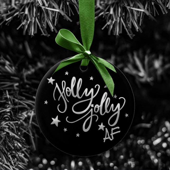 Holly Jolly AF | Shiny Silver Faux Foil Script Julgransprydnad Keramik (Skapare uppladdad)