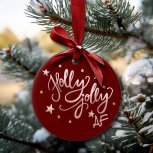 Holly Jolly AF Shiny Silver Faux Foil Script Julgransprydnad Keramik