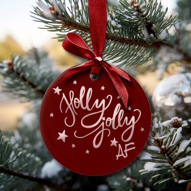 Holly Jolly AF | Shiny Silver Faux Foil Script Julgransprydnad Keramik (Skapare uppladdad)