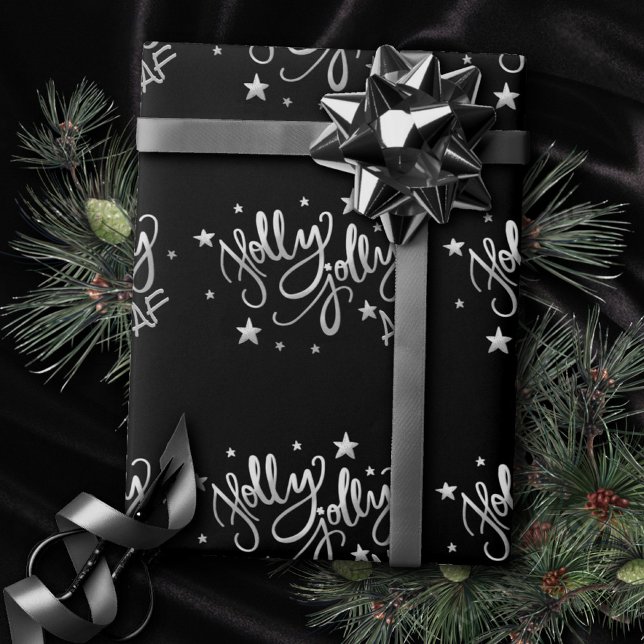 Holly Jolly AF | Shiny Silver Faux Foil Script Presentpapper (Skapare uppladdad)