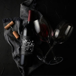 Holly Jolly AF   Shiny Silver Faux Foil Script Vinflaska Etikett