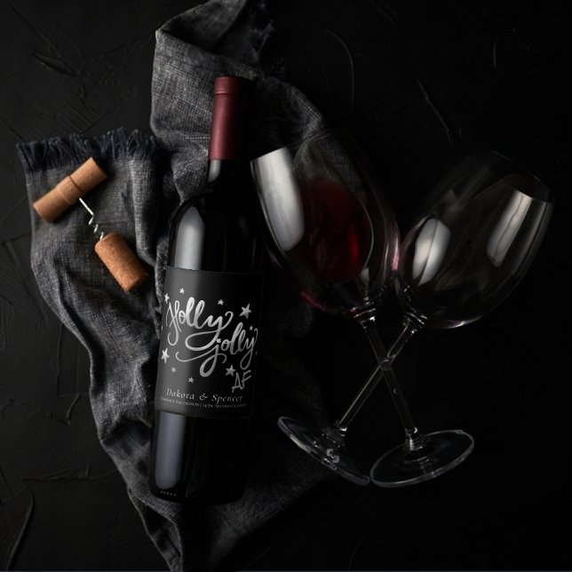 Holly Jolly AF | Shiny Silver Faux Foil Script Vinflaska Etikett (Skapare uppladdad)