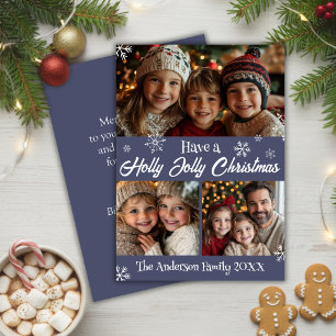 Holly Jolly Blue and White julfamiljs foto Julkort