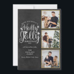 Holly Jolly Chalkboard 3 Photo Collage Julkort<br><div class="desc">En elegant Holly Jolly 3-fotokollage-helgdag som gör att du kan anpassa dig med dina favoritfoton i guld ramar,  meddelandet,  namn och år på en kritersbakgrund. De omvända funktionerna som faller snöflingor på en matchande kritersbakgrund. Designad av Thisisnotme©</div>