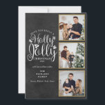 Holly Jolly Chalkboard 3 Photo Collage Julkort<br><div class="desc">En elegant Holly Jolly 3-fotokollage-helgdag som gör att du kan anpassa dig med dina favoritfoton i guld ramar,  meddelandet,  namn och år på en kritersbakgrund. De omvända funktionerna som faller snöflingor på en matchande kritersbakgrund. Designad av Thisisnotme©</div>