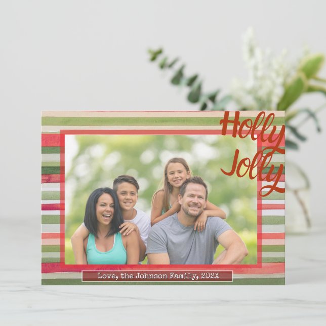 Holly Jolly Christmas Photo Card Festive Stripes Julkort (Stående Fram)