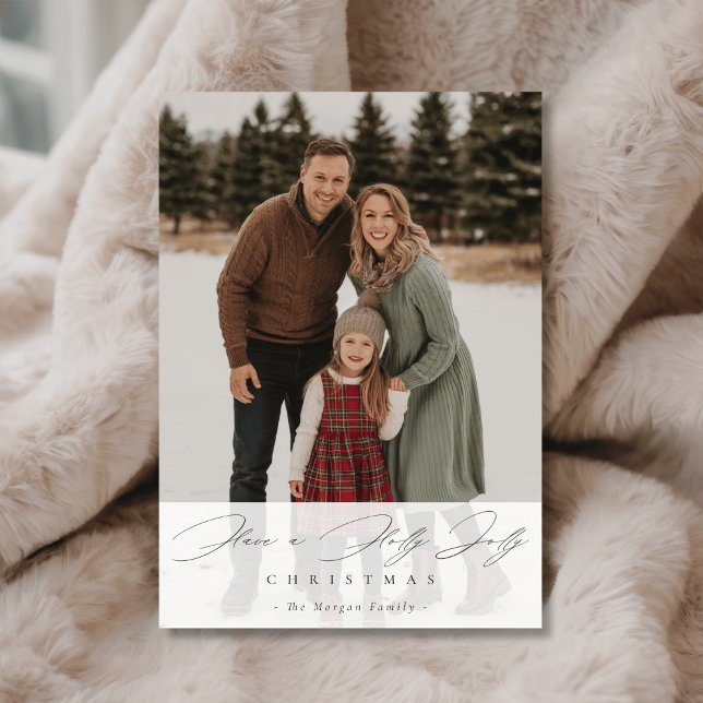 Holly Jolly Christmas Script Snowy Family Photo Julkort (Skapare uppladdad)