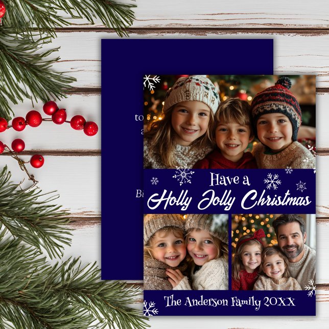 Holly Jolly Classic Blue and White julfoto Julkort (Holly Jolly Classic Blue And White Christmas Photo Holiday Card)