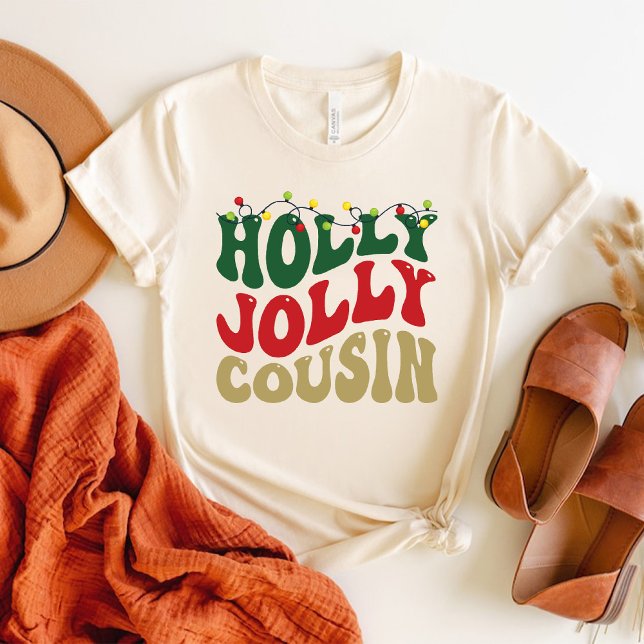 Holly Jolly Cousin jul Groovy White T Shirt (Holly Jolly Cousin Christmas Groovy White T-Shirt)