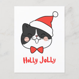 Holly Jolly Cute Kawaii Cat Minimalist Helg Vykort